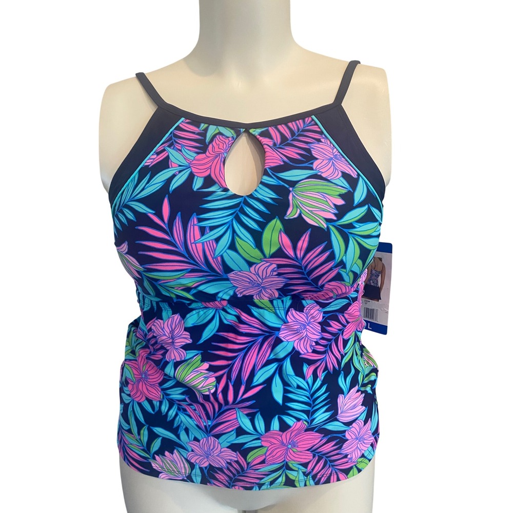 Ellen Tracy Floral High Neck Keyhole Tankini Top‎ Blue Pink Large NEW